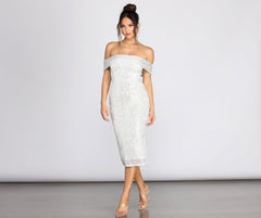 Desi Sequin Off Shoulder Midi Dress