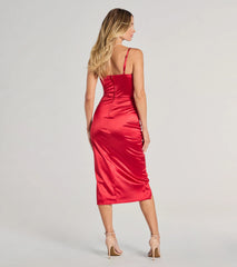 Kiley Cowl Neck Wrap Satin Midi Formal Dress