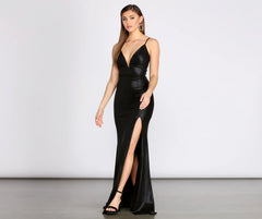 Cyra Metallic Deep V High Slit Dress