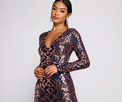 Ayla Formal Long Sleeve Sequin Scroll Dress