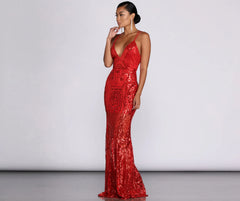 Salma Formal Sequin Scroll Print Dress