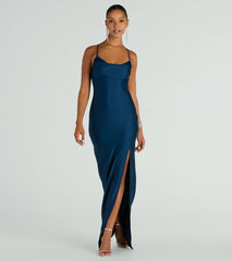 Natalie Cowl Neck Lace-Up Slit Column Dress