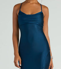 Natalie Cowl Neck Lace-Up Slit Column Dress