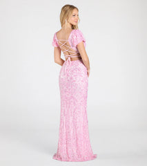 Amber Puff Sleeve Lace-Up Slit Sequin Formal Dress