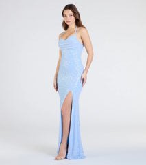 Kaitlyn Cowl Neck Slit Beaded Sequin Formal Dress