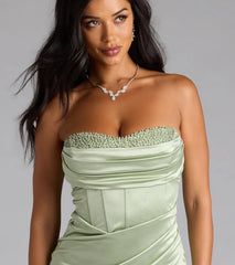 Loren Pearl Corset Slit Satin Formal Dress