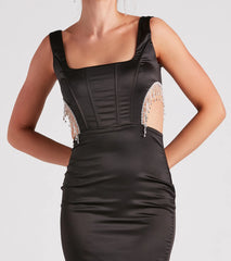 Glam Stunner Rhinestone Trim Satin Mini Dress