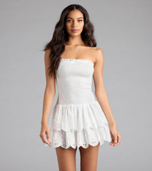 Always Sunny Strapless Ruffle Eyelet Mini Dress