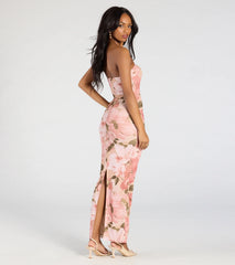 Major Beauty Floral Satin Strapless Maxi Dress