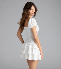 Charming Look Puff Sleeve Ruffled Skater Dress