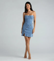 Button Up Babe Denim Strapless Mini Dress