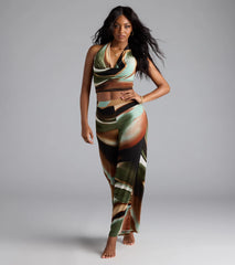 Sultry Effect Abstract Cowl Halter Crop Top