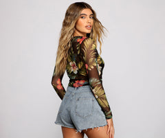 Tropical Long Sleeve Mesh Crop Top