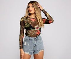 Tropical Long Sleeve Mesh Crop Top