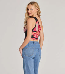 Pretty Bold One-Shoulder Floral Mesh Crop Top