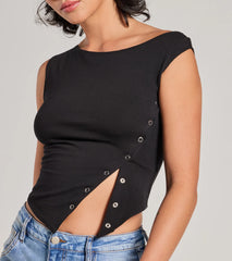 Minimal Aesthetic Off-Shoulder Button Crop Top