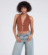 Sultry Trend Buckle Strap Halter Crop Top