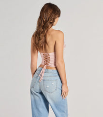 All The Feels Halter Lace-Up Floral Satin Corset Top