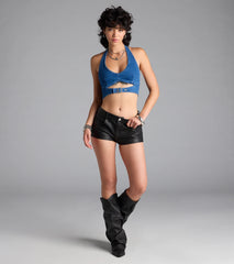 Buckled Babe Halter Denim Crop Top