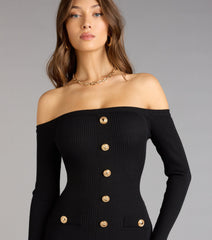 Buttoned Up Charm Off-The-Shoulder Mini Dress