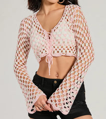 Total Trend Long Sleeve Checker Crochet Sweater