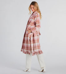 Perfect Plaid Fringe Faux Wool Trench Coat