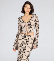 Flirt Alert Flocked Floral Mesh Tie-Front Top
