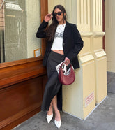 There She Goes High-Rise Slit Polka Dot Satin Midi Skirt