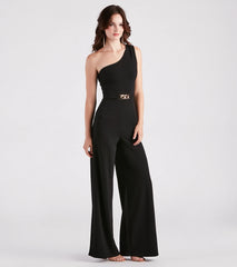 Chain Direction One Shoulder Crepe Jumpsuit