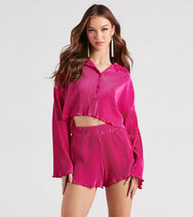 Just A Crush Satin Pleated Top And Shorts Set
