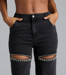 So Obsessed Rhinestone Cutout Straight Leg Denim Jeans