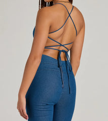 Casual And Cool Lace-Up Flare Denim Jumpsuit
