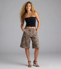 Running Wild Leopard Mid Rise Bermuda Denim Shorts