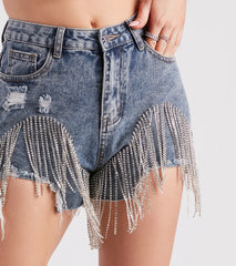 On The Fringe Rhinestone Denim Shorts