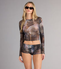 After Dark Abstract Print Mesh Crop Top