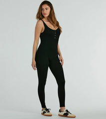 Weekend Cozy Henley Button Skinny Leg Jumpsuit