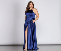 Plus Gabrielle Formal High Slit Satin Dress