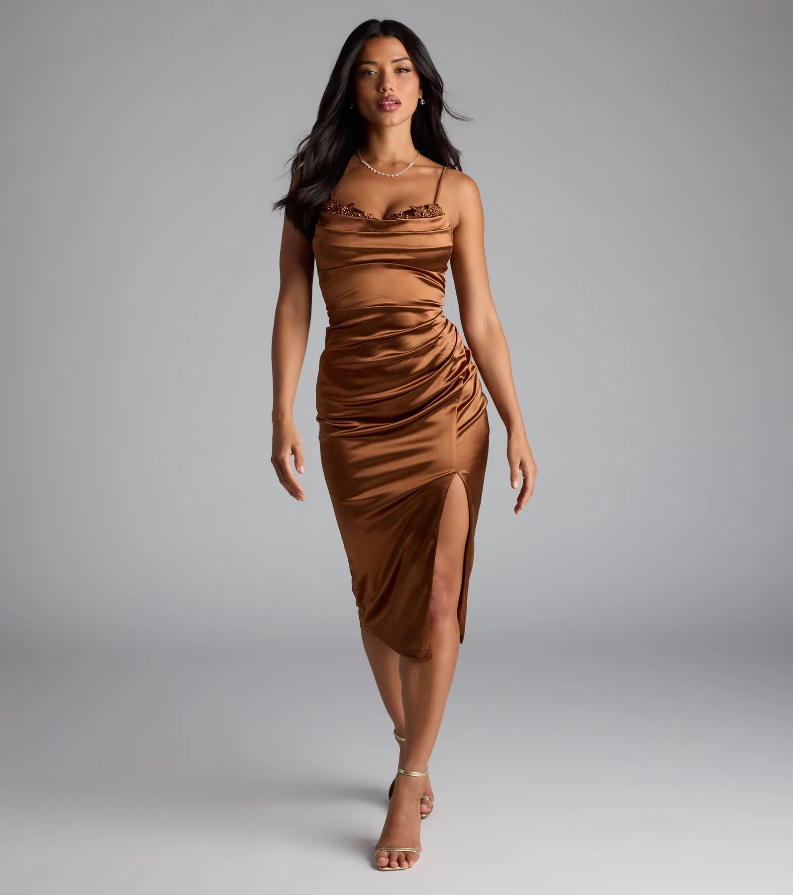 Clarice Applique Bodycon Satin Midi Formal Dress