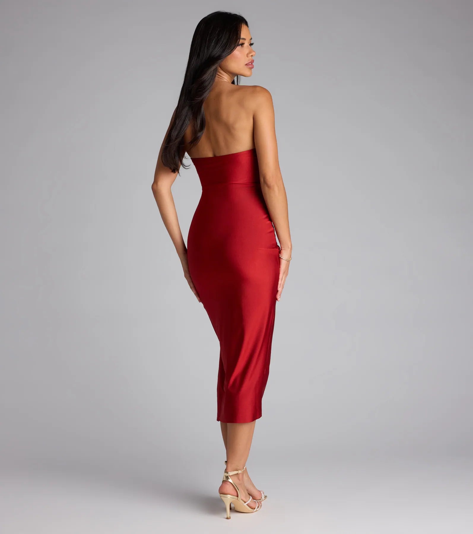 Sarah Strapless Slit Midi Formal Dress