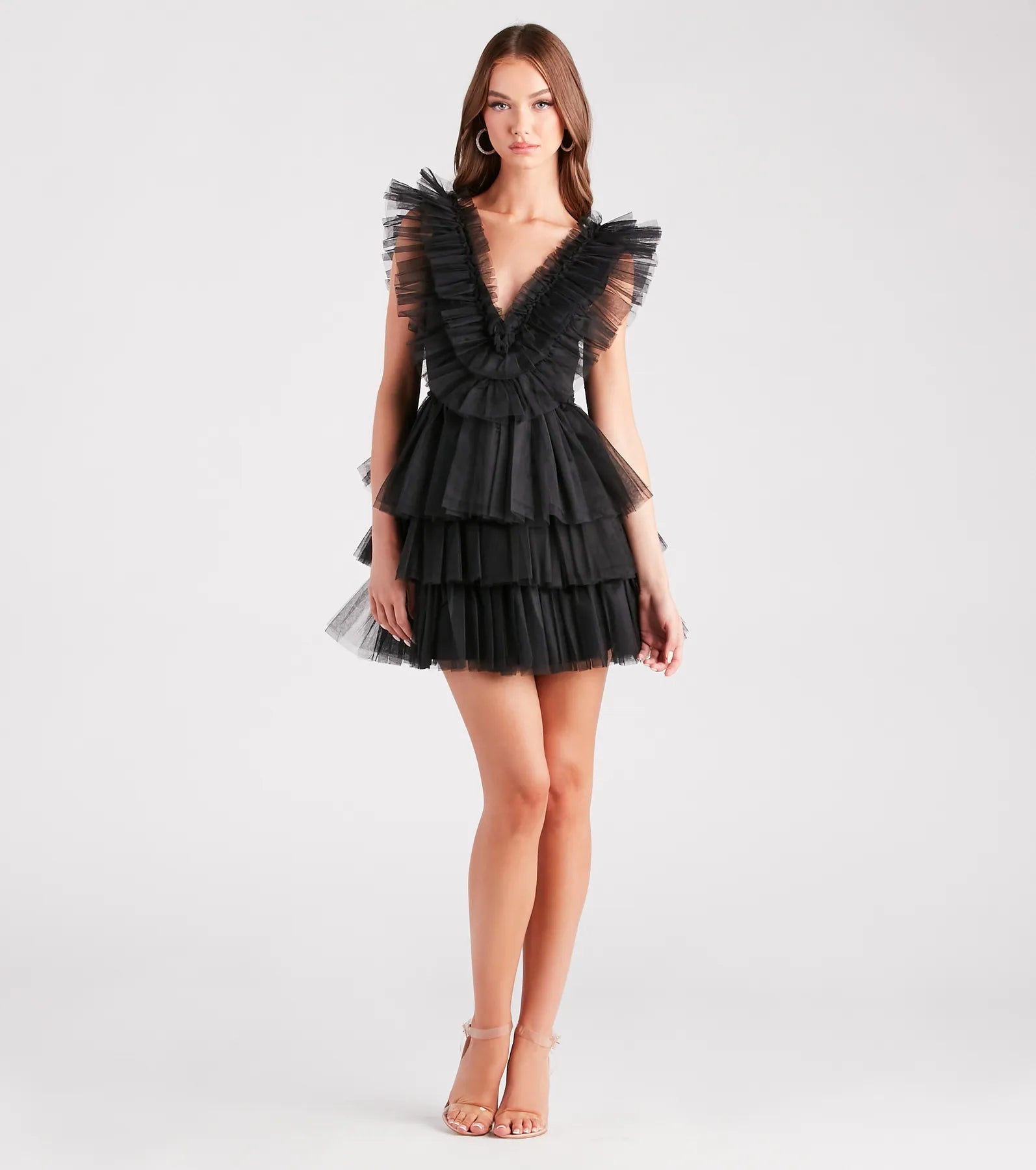 Devon Ruffled Tulle V-Neck Party Dress