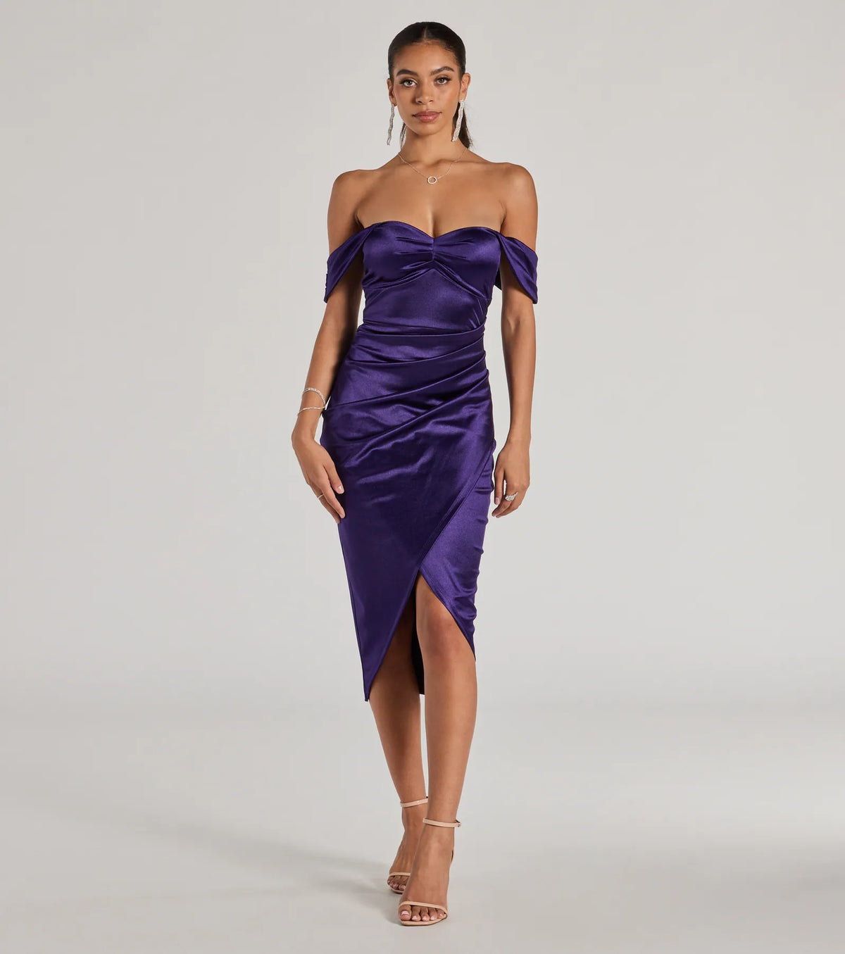 Gaia Satin Off-The-Shoulder Wrap Midi Dress