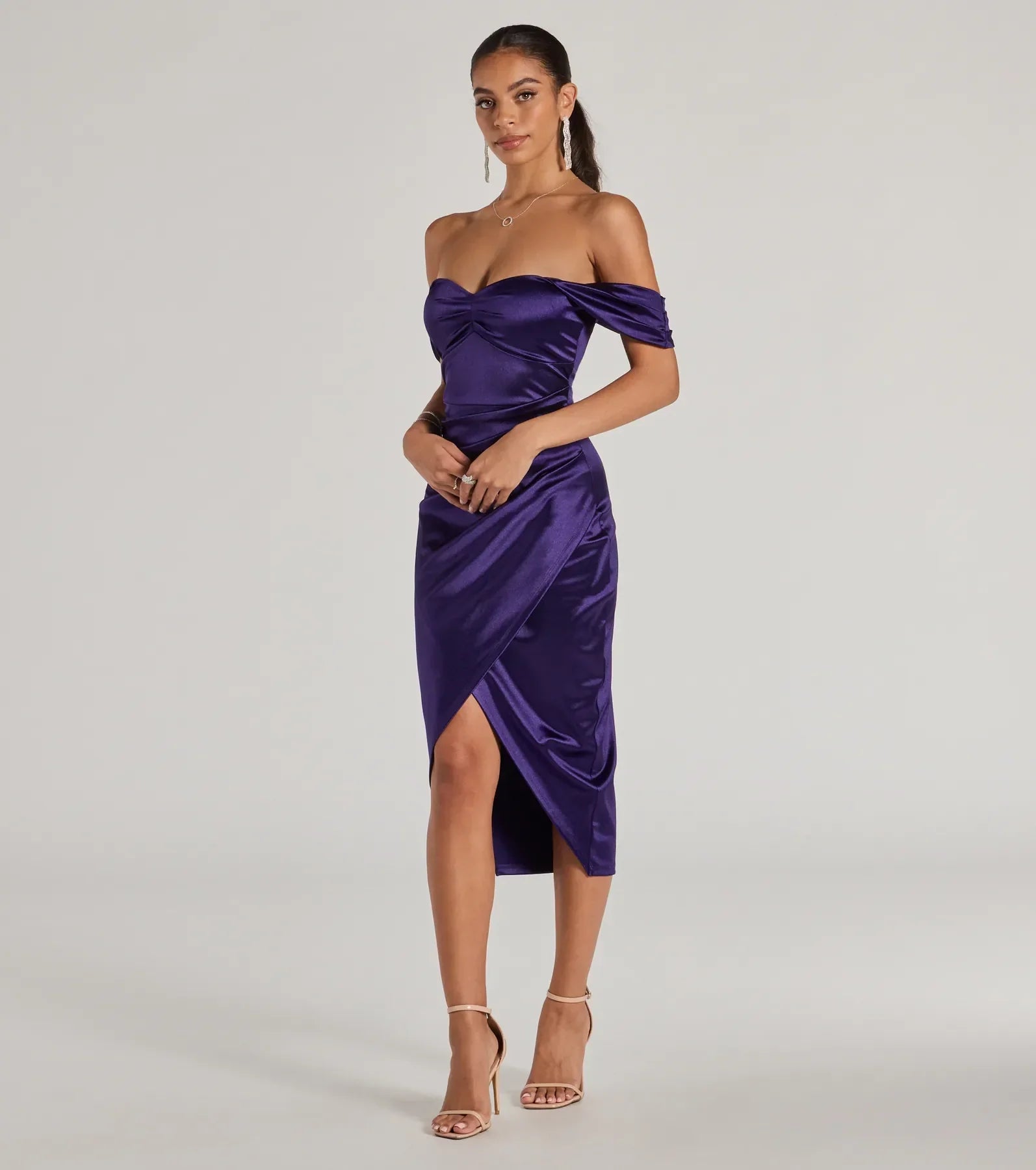 Gaia Satin Off-The-Shoulder Wrap Midi Dress