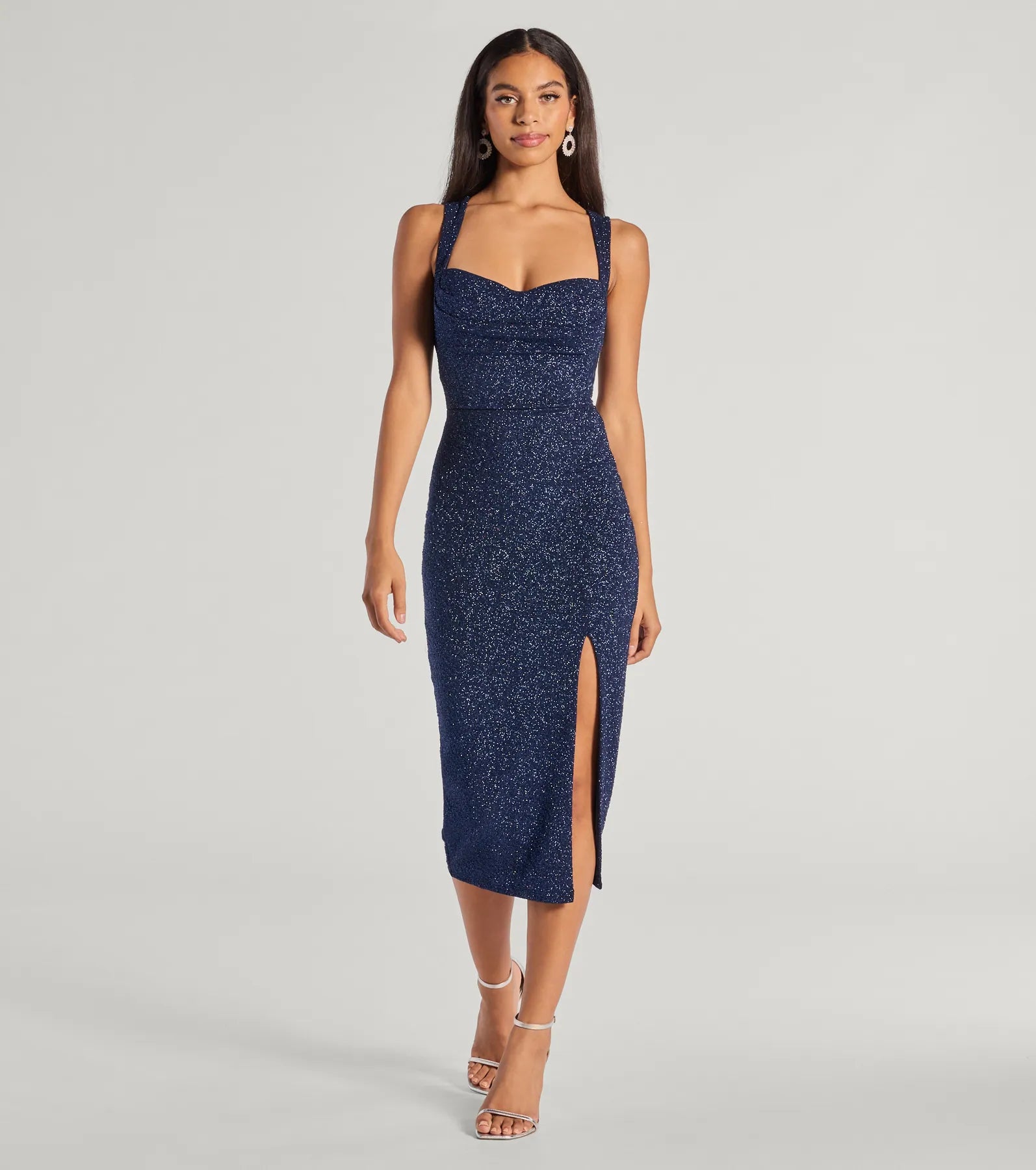 Arlette Lace-Up High Slit Glitter Knit Midi Dress