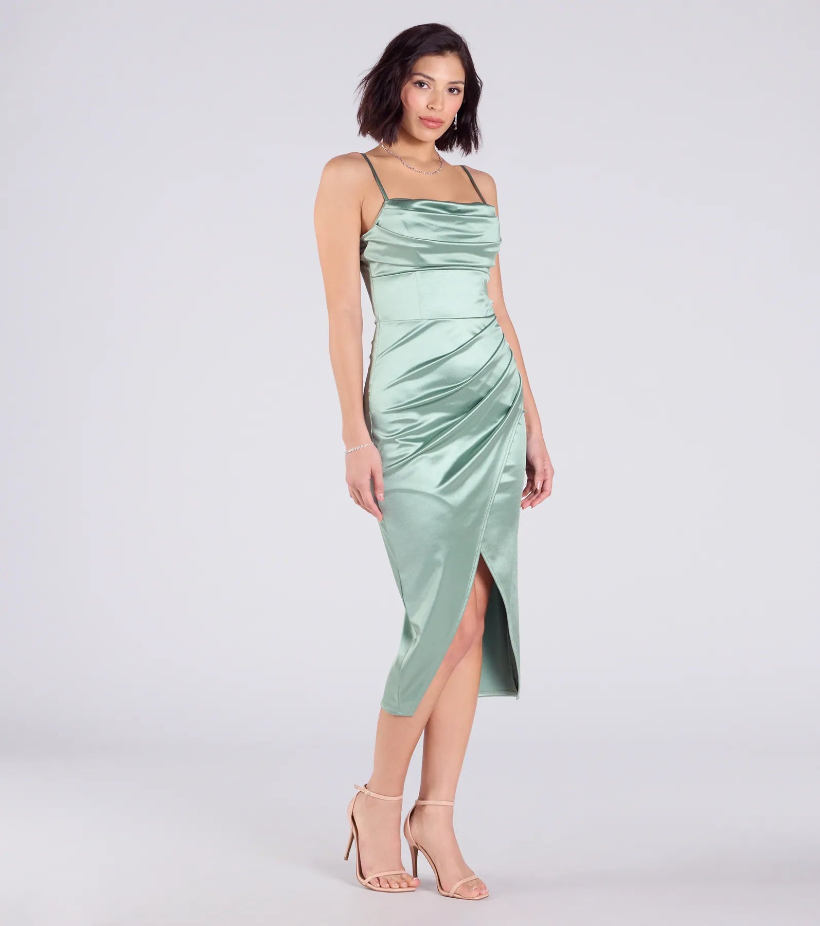 Kiley Cowl Neck Wrap Satin Midi Formal Dress
