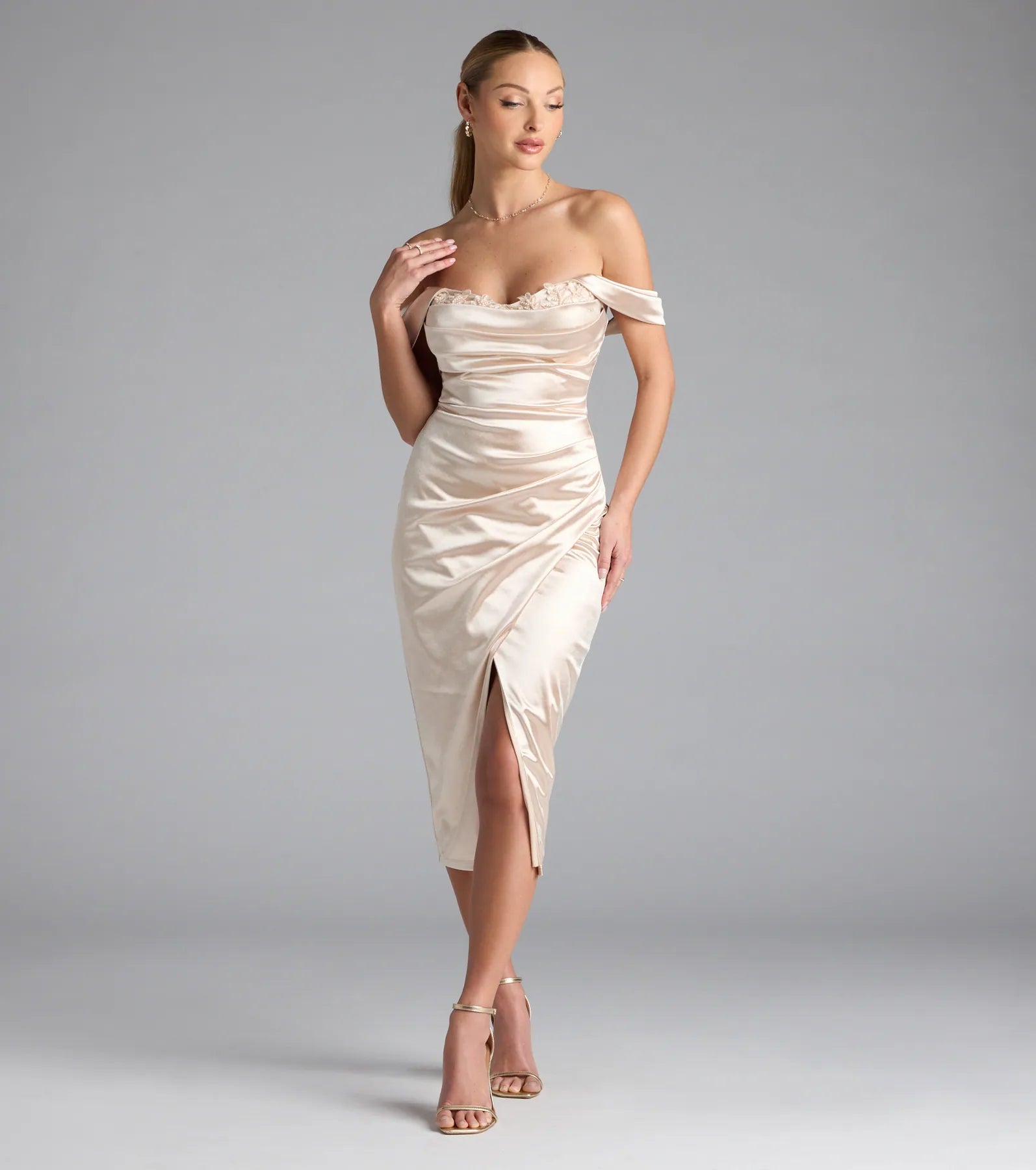 Martine Off-The-Shoulder Midi Satin Formal Dress