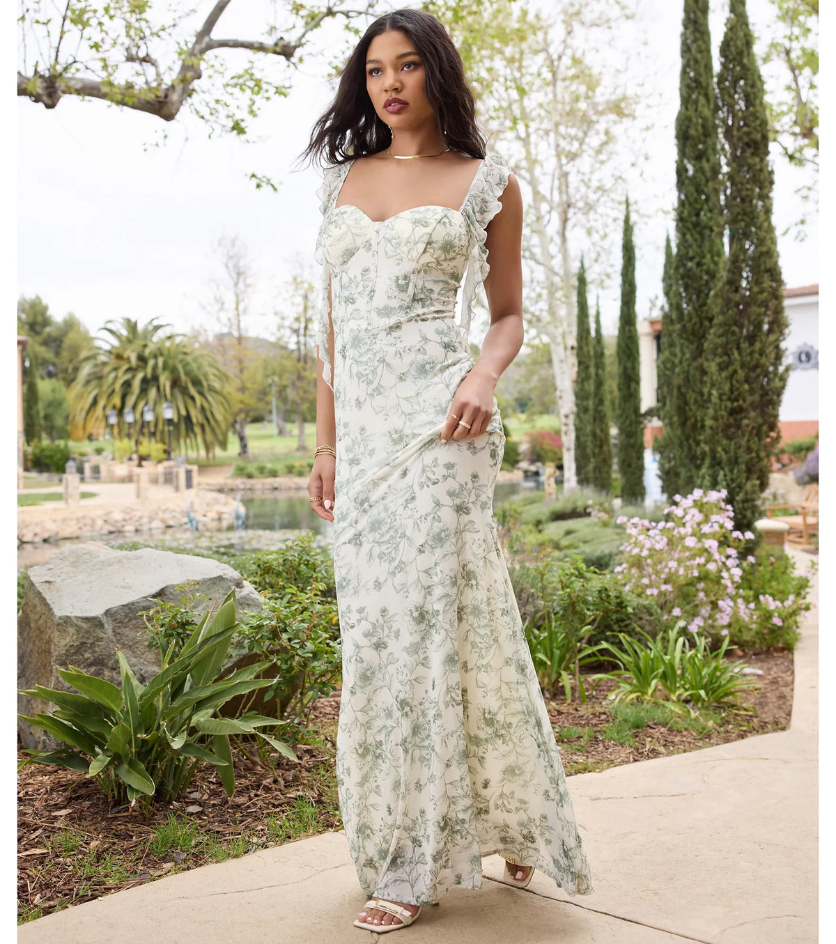 Melita Ruffle Mermaid Floral Mesh Formal Dress