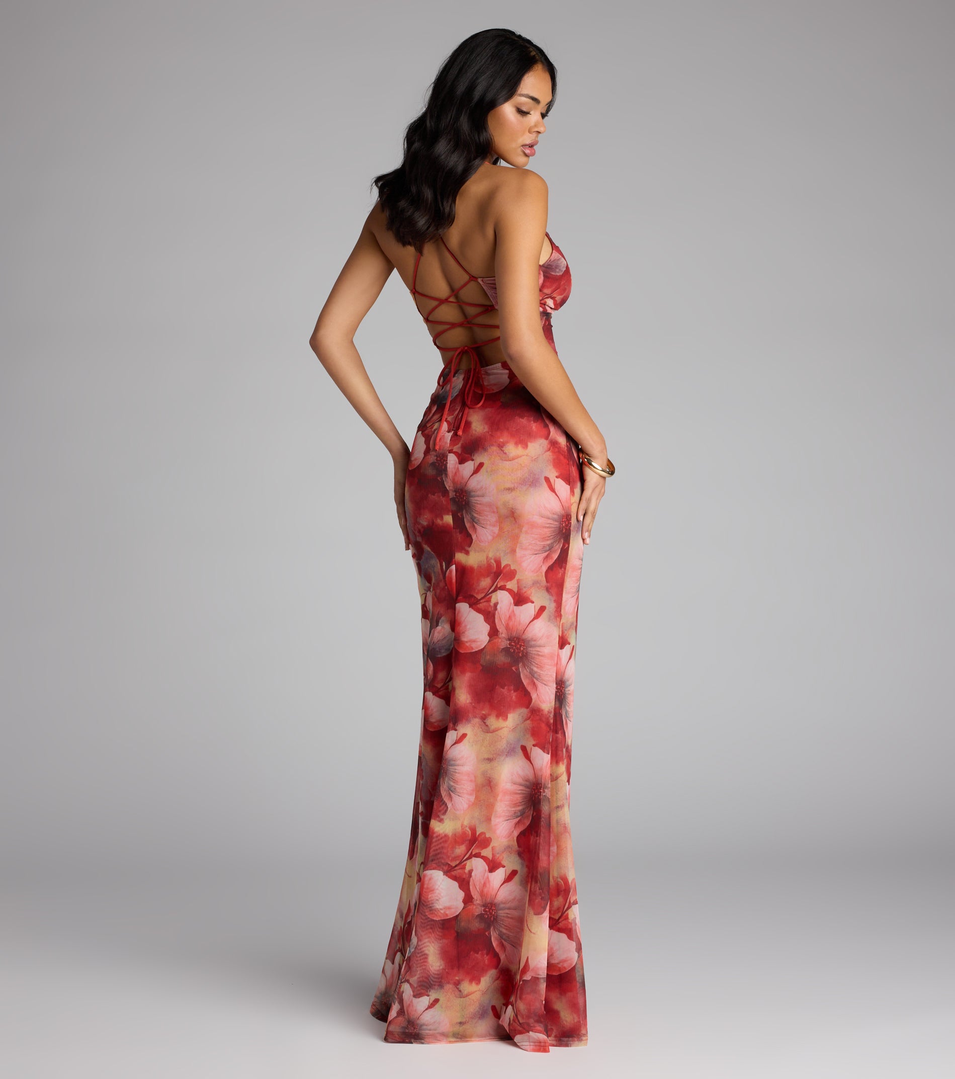 Sloane Floral Mesh High Slit Mermaid Dress