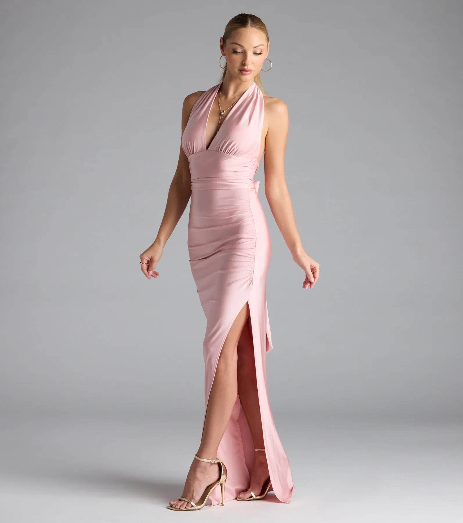 Darla Halter Open Back Bow Slit Formal Dress