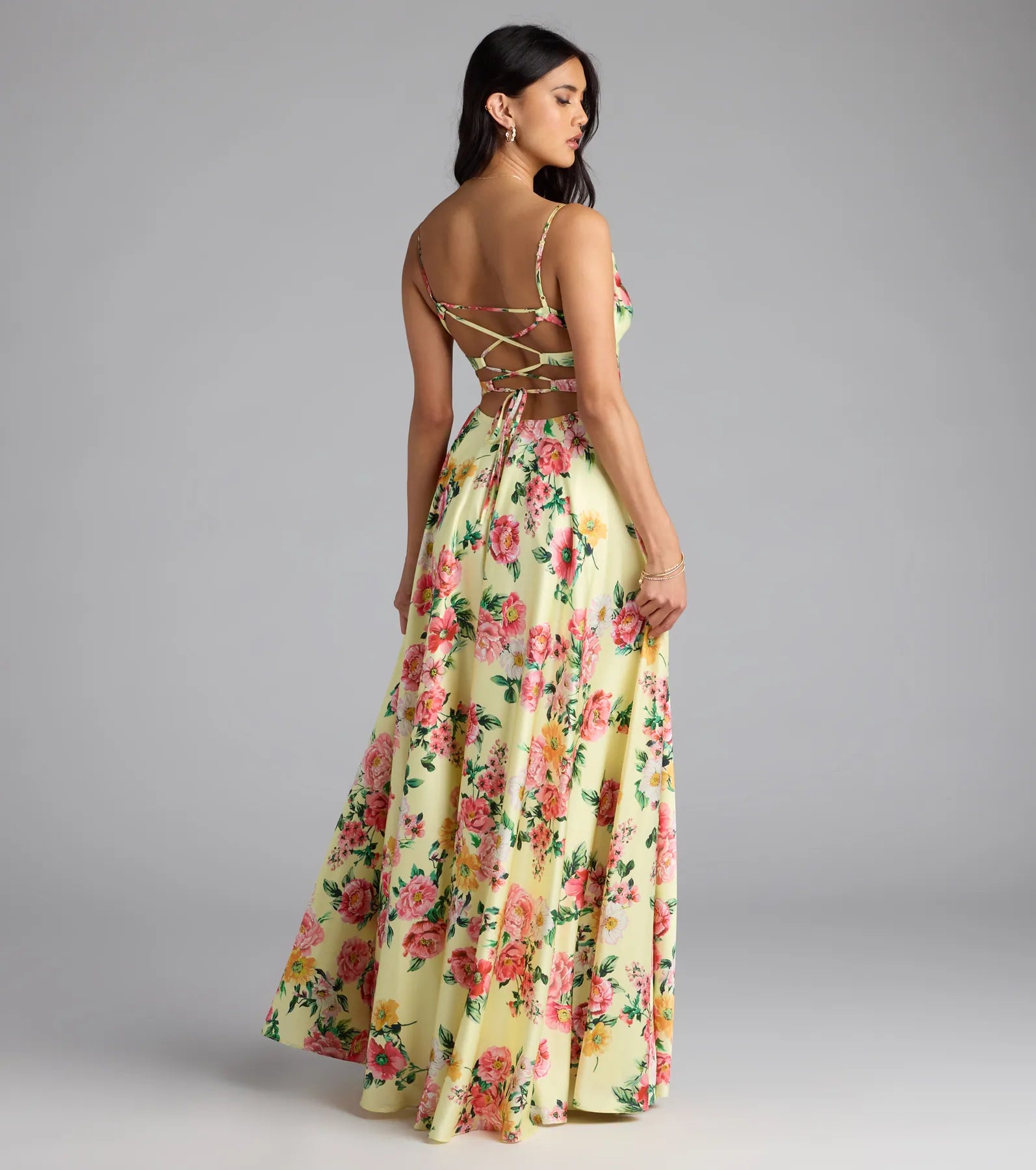 Robina Lace-Up A-Line Floral Satin Formal Dress