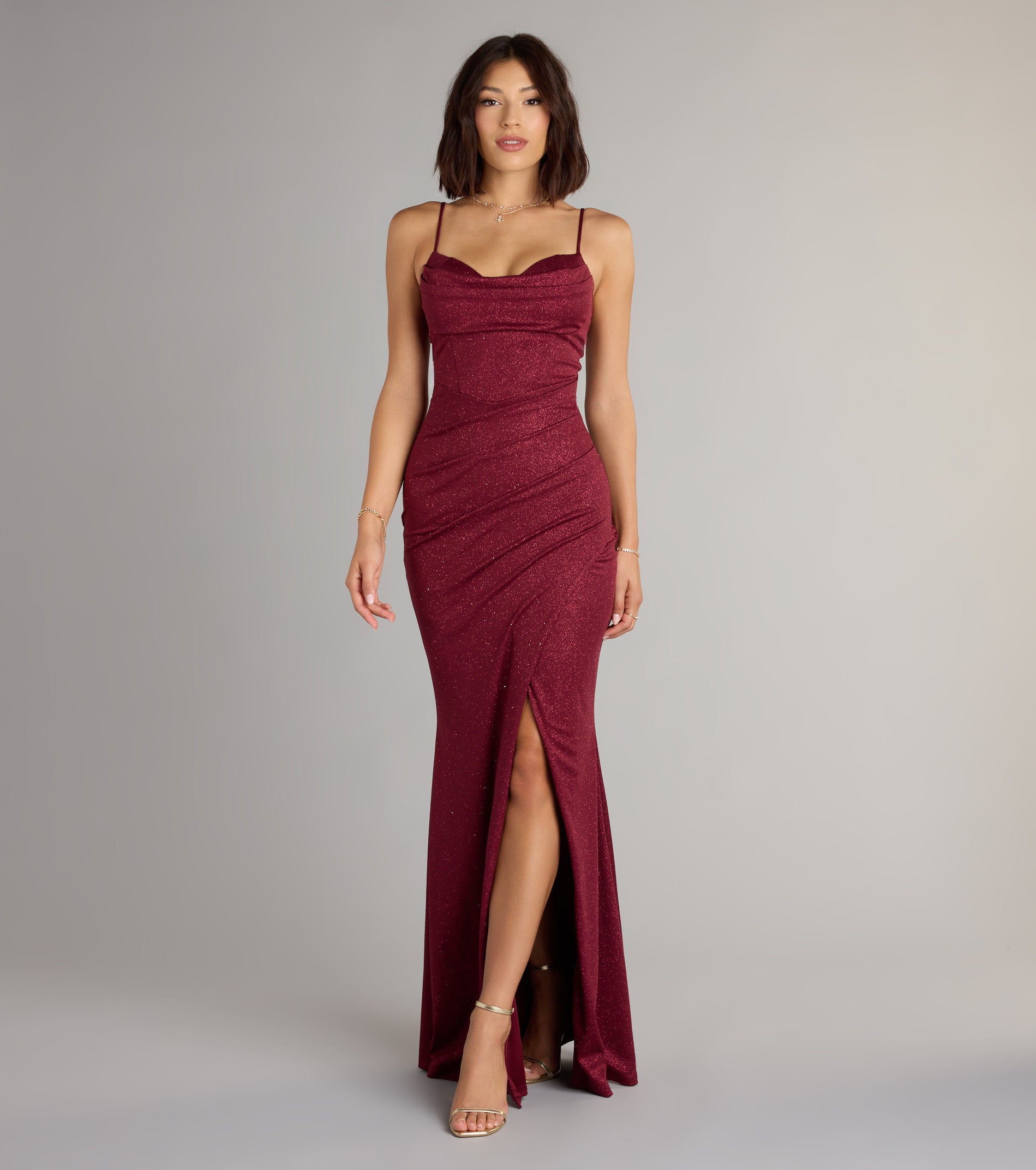 Johanna Cowl Neck Slit Glitter Formal Dress
